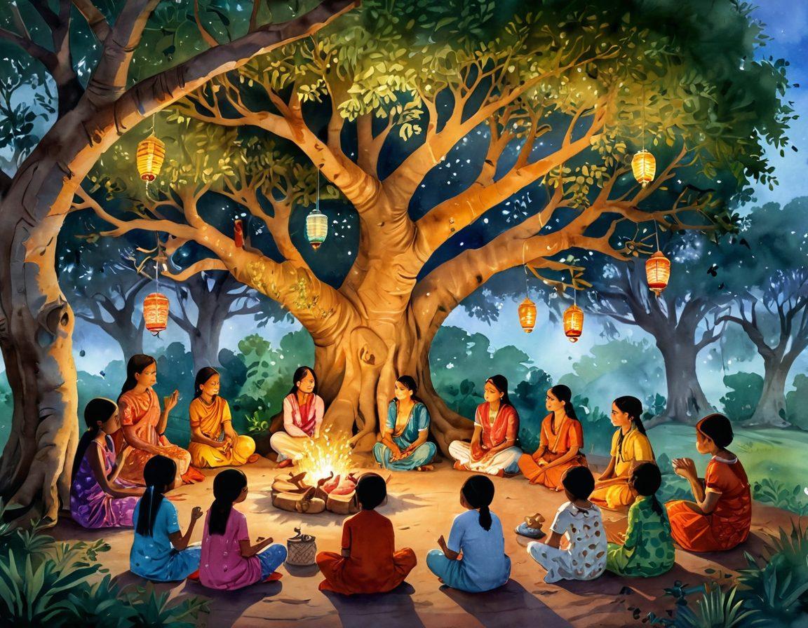 A cozy scene depicting a storyteller surrounded by captivated children, sharing vibrant Indian folklore under a lush banyan tree. Traditional Indian textiles and colorful lanterns are scattered around, with mythical creatures and characters illustrated in the background, bringing tales to life. The atmosphere is warm and inviting, filled with laughter and wonder. Watercolor style with soft, rich colors and intricate patterns.