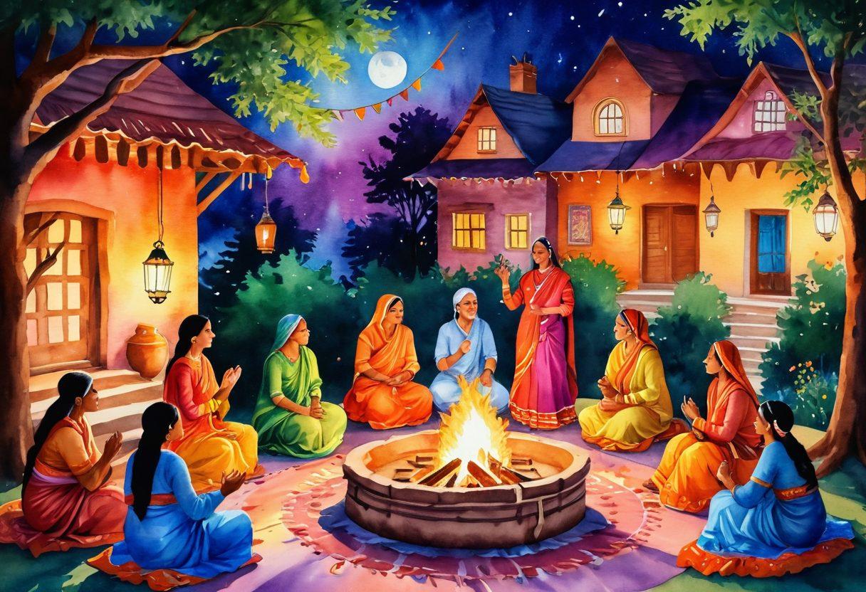 A vibrant tapestry showcasing a storytelling scene set in a colorful Indian village. Characters in traditional attire animatedly sharing joyful tales around a lantern-lit bonfire, surrounded by festive decorations and delicious Indian sweets. Elements of cultural art, such as dance and music, are intertwined in the background. The atmosphere is warm and inviting, radiating joy and celebration. watercolor painting. vibrant colors.